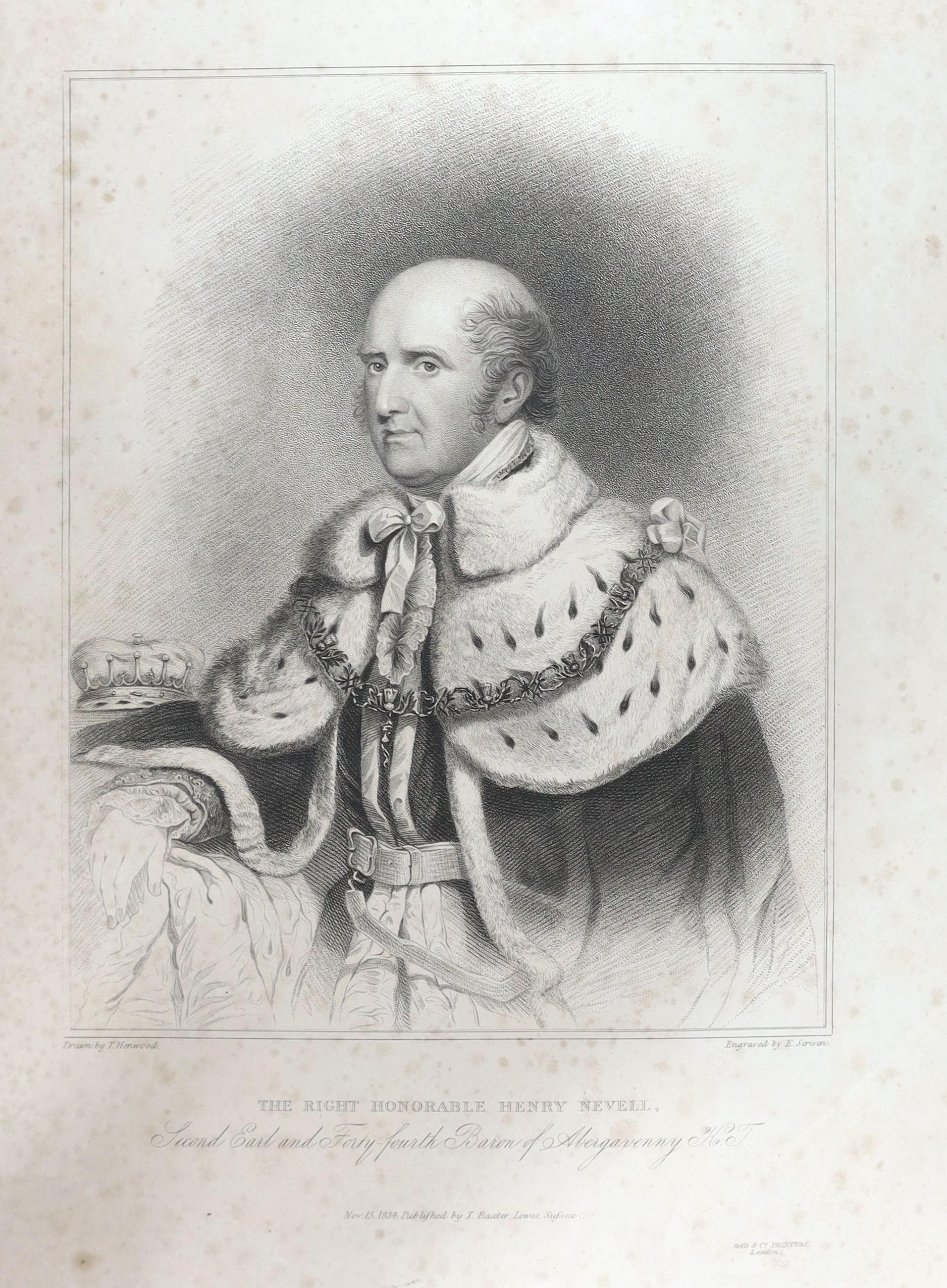 Horsfield, Thomas Walker - The History, Antiquities, and Topography of the County of Sussex. vol. I (only, the East Sussex volume). 3 portraits (one a mezzotint), a folded pictorial map, 27 other plates and some wood eng